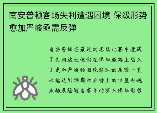 南安普顿客场失利遭遇困境 保级形势愈加严峻亟需反弹